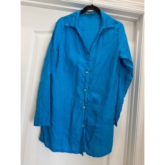 ICANTOO Bright Blue Linen Button Tunic Casual Career Resort Long Sleeve Small - Picture 14 of 14